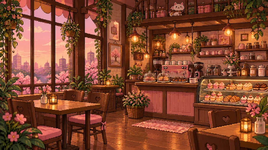 Café pixel art aconchegante