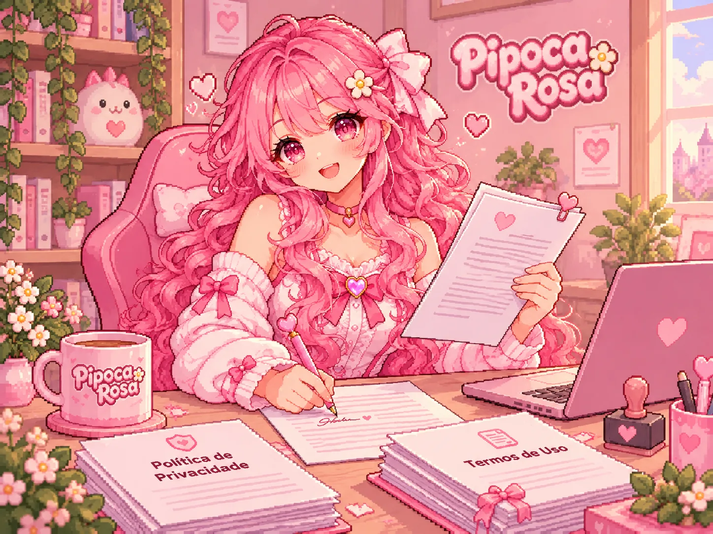 Mascote Pipoca Rosa em pixel art lendo e assinando documentos em seu escritório