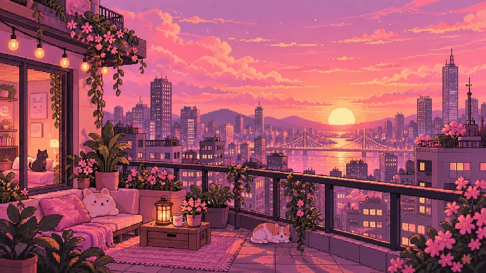 Cidade de pixel art ao pôr do sol