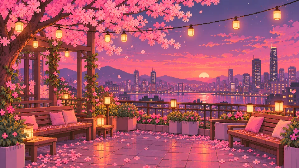 Vila rosa e jardins pixel art